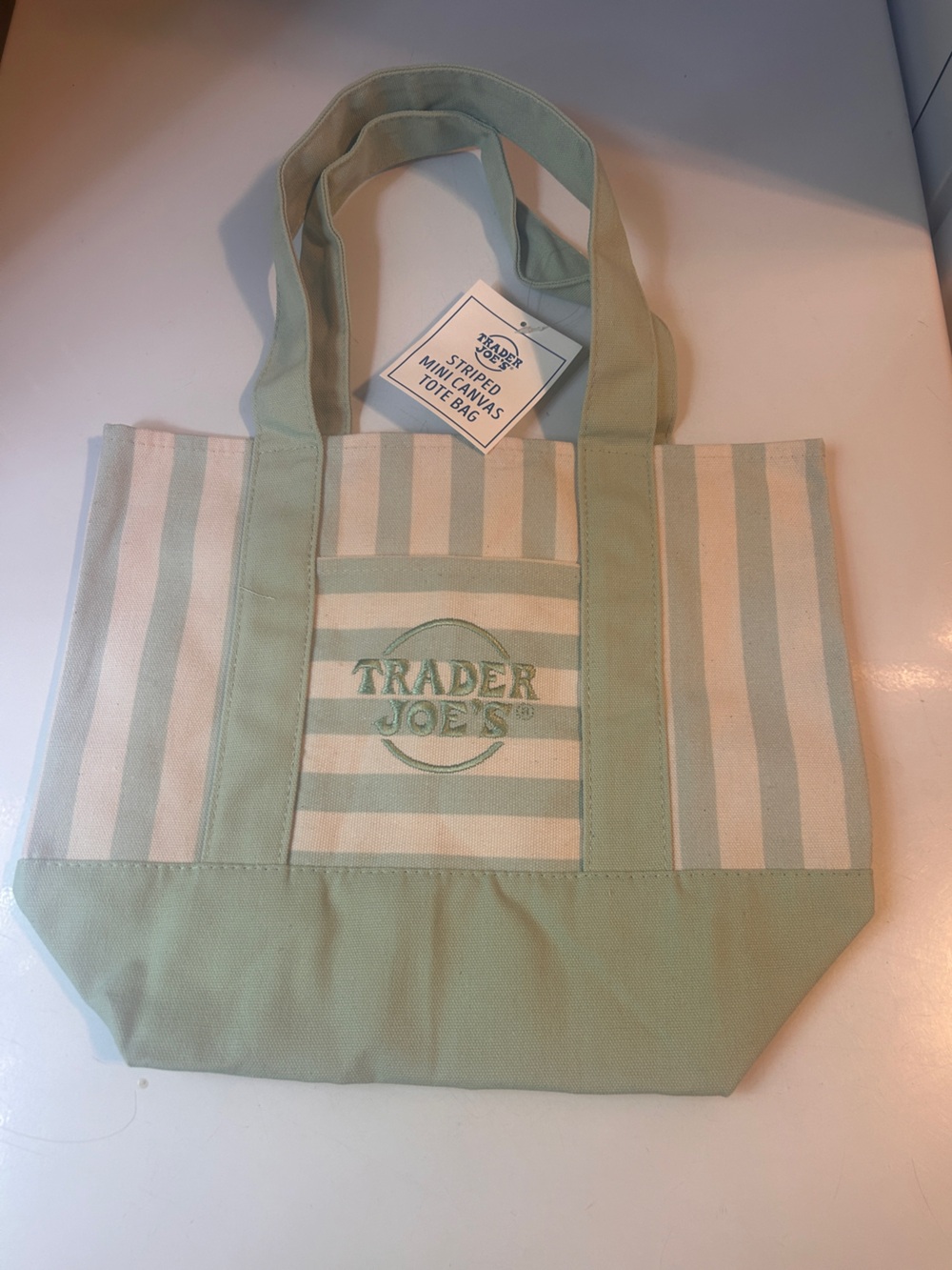 Mint Green Striped Canvas Tote Bag